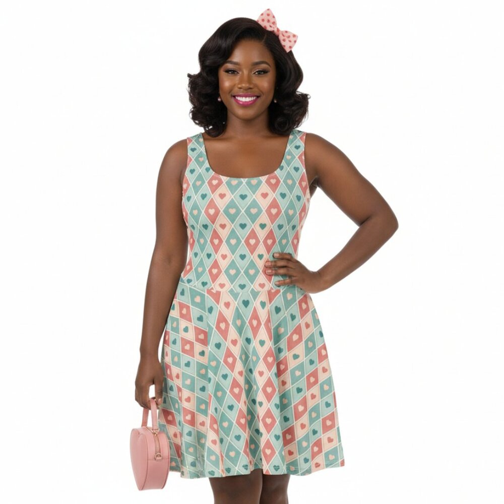 Vintage Pinup Heart Fit & Flare Dress Valentine's Day A-Line Swing - Picture 4 of 14